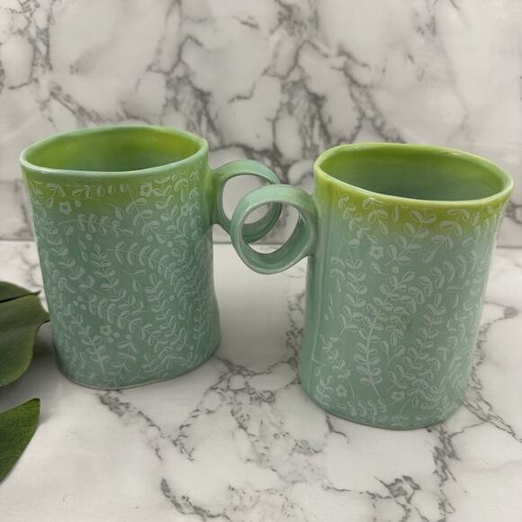 Anthropologie Floral Ombre Coffee Mug Set of 2 Green Blue Rustic Shape Cups - Picture 6 of 8